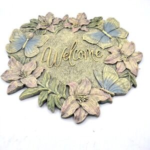 Welcome Plaque Floral Lilies and Butterflies Stone or Wall Hanging Cottage Decor
